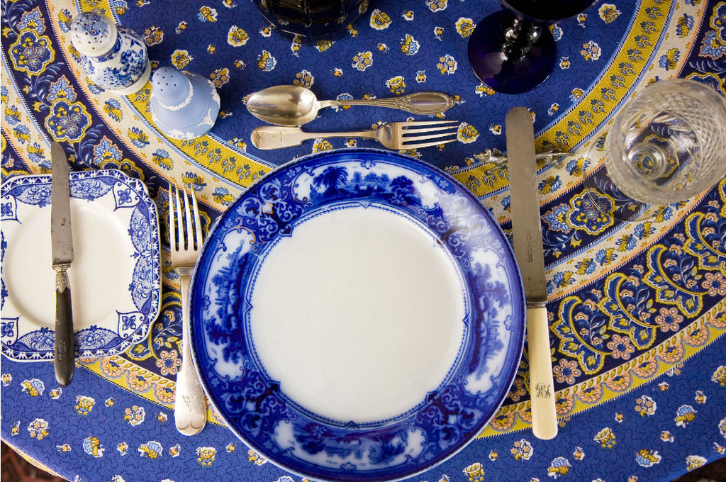 Antique flow blue and white table setting