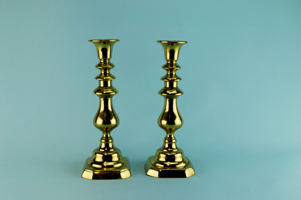 2 Large Brass Candlesticks, English Early 1800s
