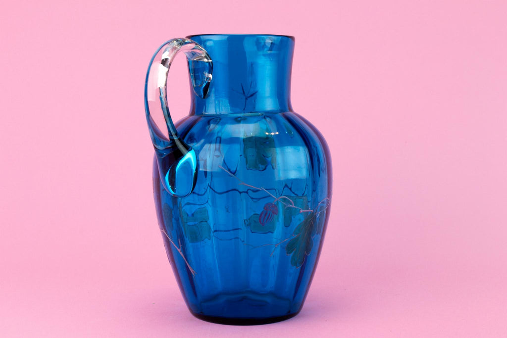 Blue glass painted Jug, English Early 1900s