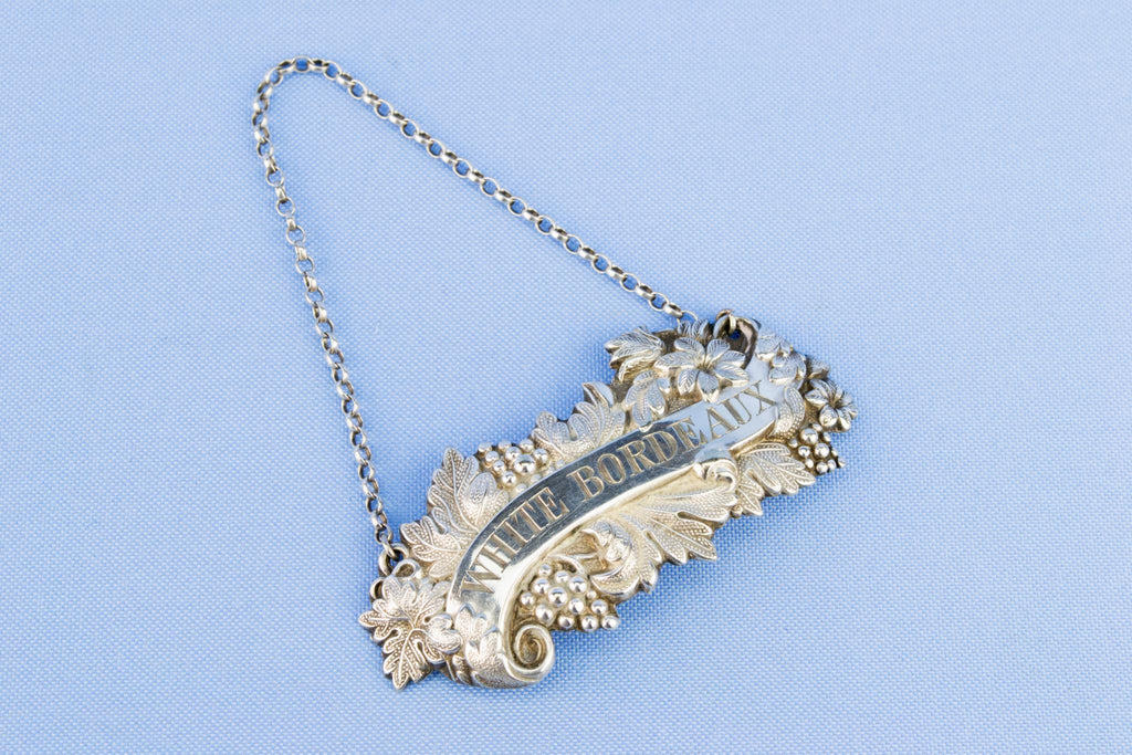 White Bordeaux Silver Plated Decanter Tag, English circa 1870