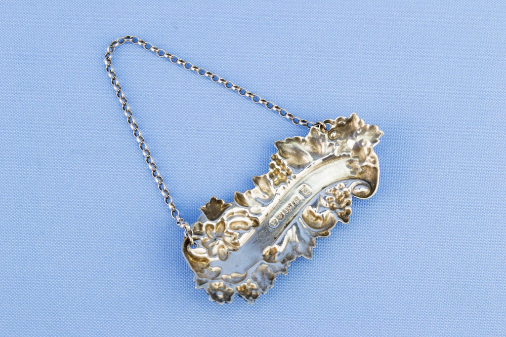 White Bordeaux Silver Plated Decanter Tag, English circa 1870