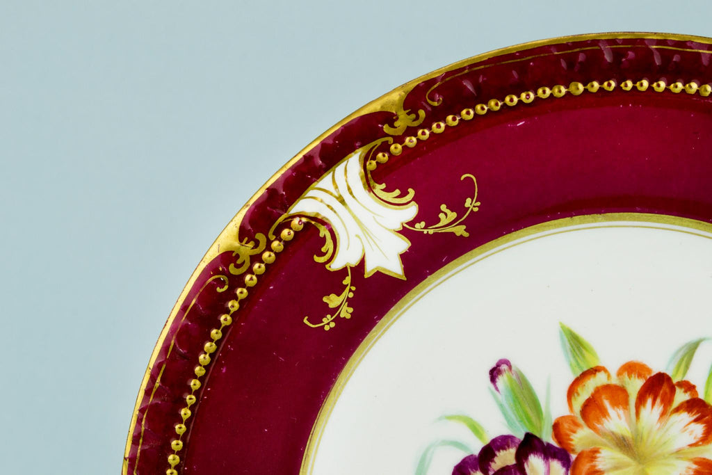 5 Dessert Plates Painted Flowers, English 19th Century