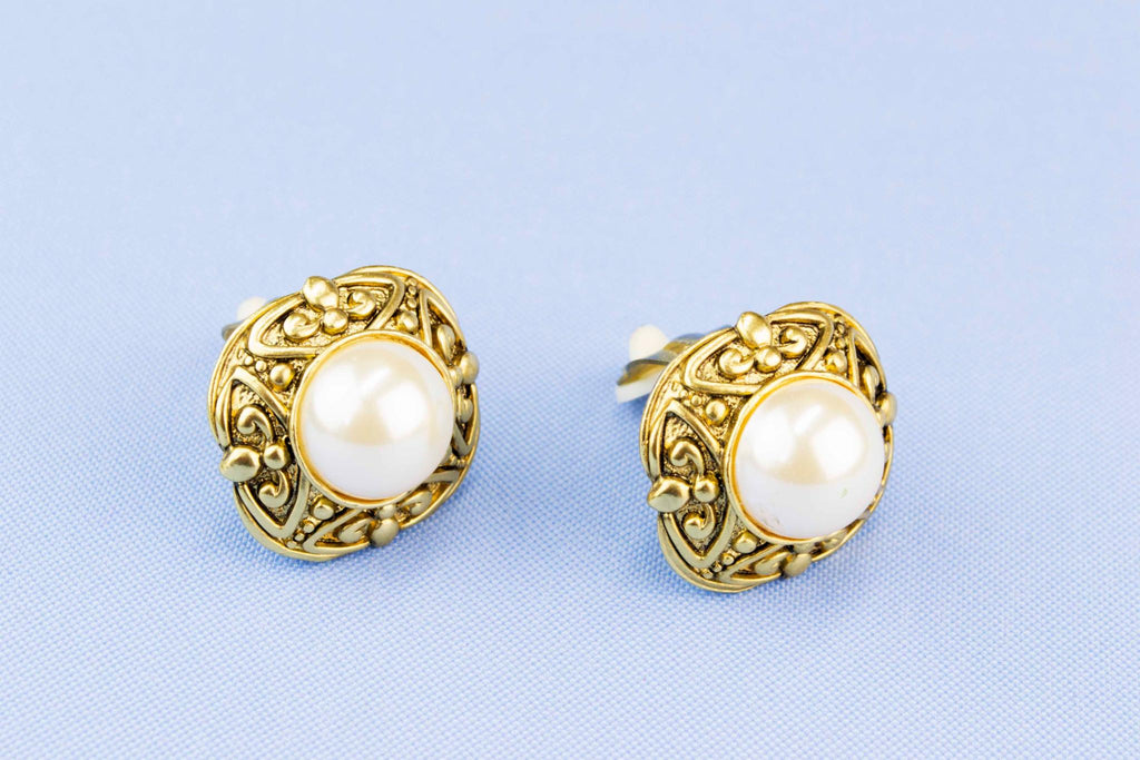 Bold Design Clip Earrings Gold and Pearl