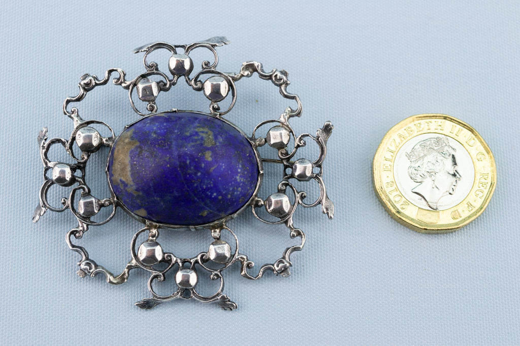 Sterling Silver & Lapis Lazuli Brooch, English Circa 1900