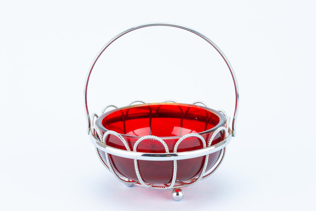 Red Sauce Bowl in Silver Plated Basket, English 1950s