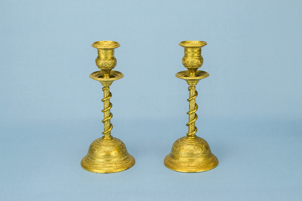 2 coiled brass candlesticks