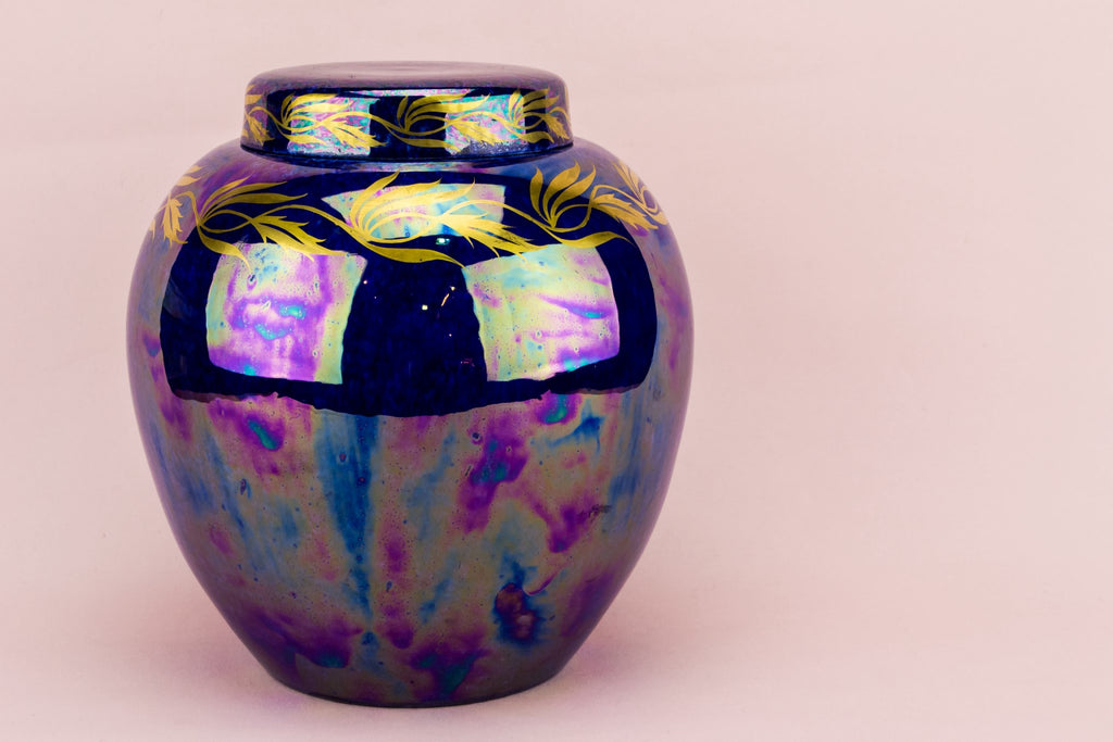 Large iridescent blue jar