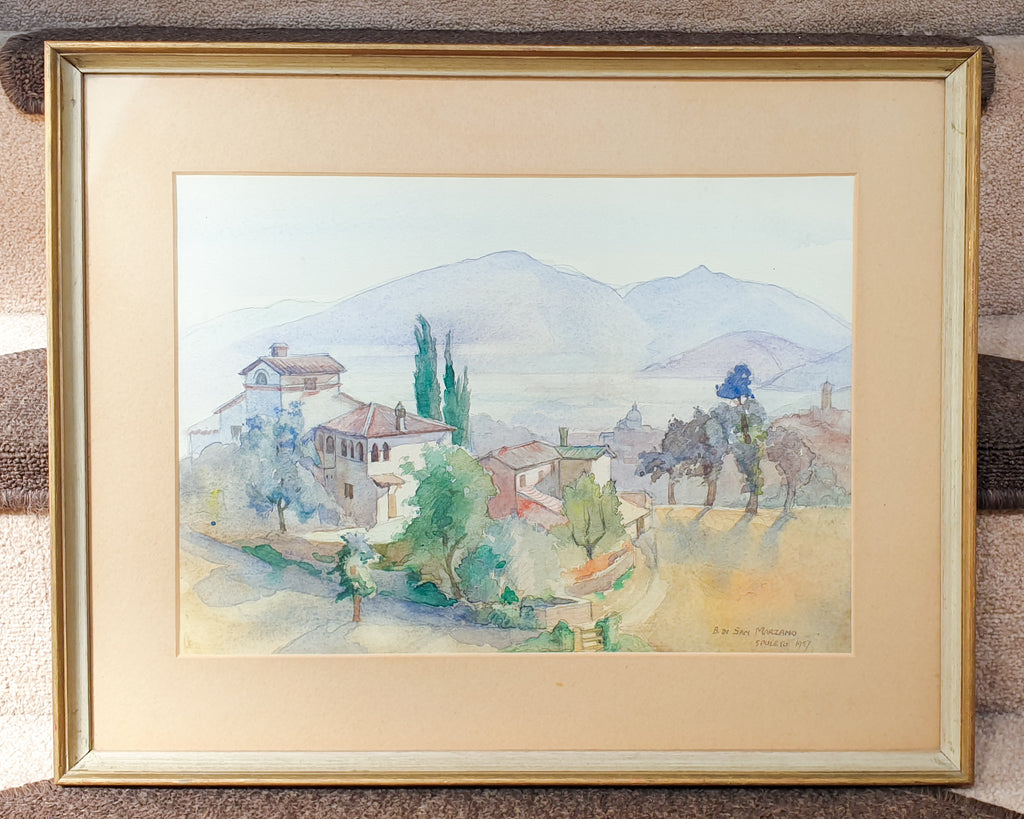 1957 Watercolour Painting Spoleto Landscape in Italy by Betty Di San Marzano