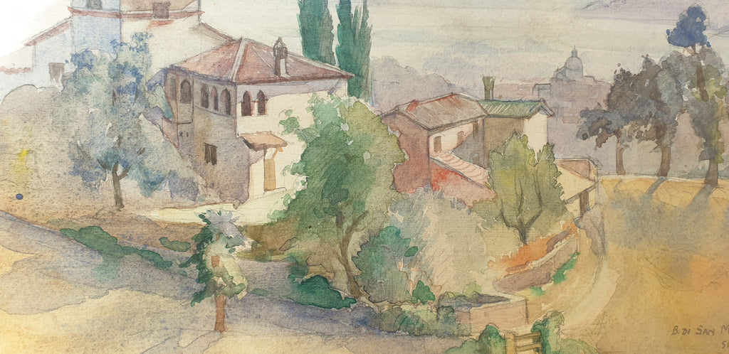 1957 Watercolour Painting Spoleto Landscape in Italy by Betty Di San Marzano