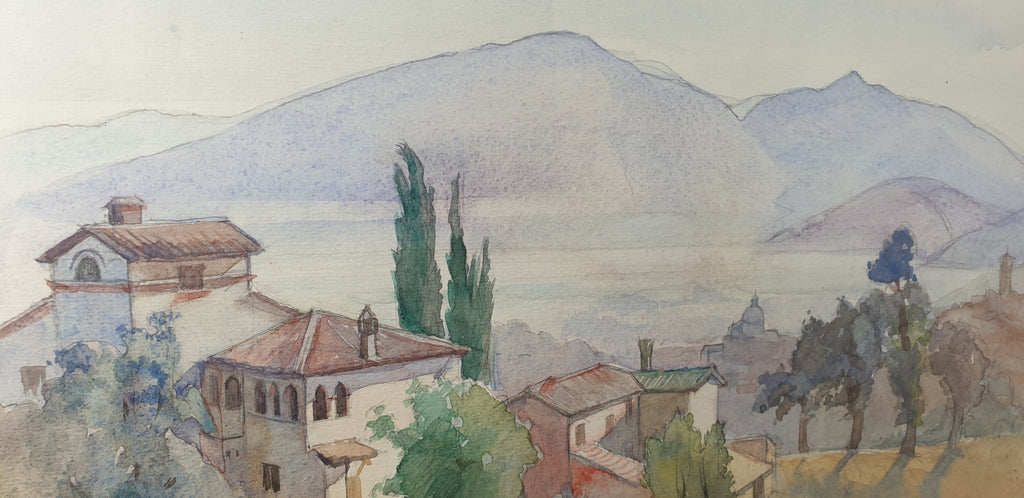 1957 Watercolour Painting Spoleto Landscape in Italy by Betty Di San Marzano