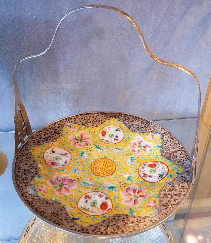 Famille Jaune Cake Plate with Metal Handle Chinese 19th Century