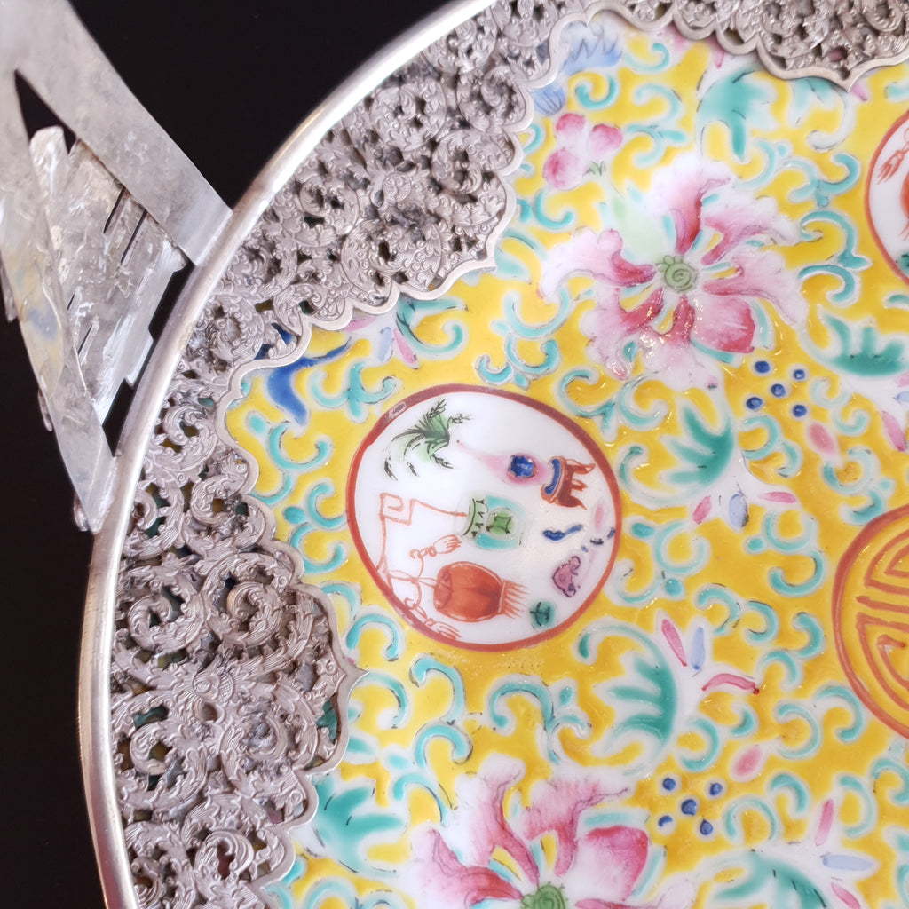 Famille Jaune Cake Plate with Metal Handle Chinese 19th Century