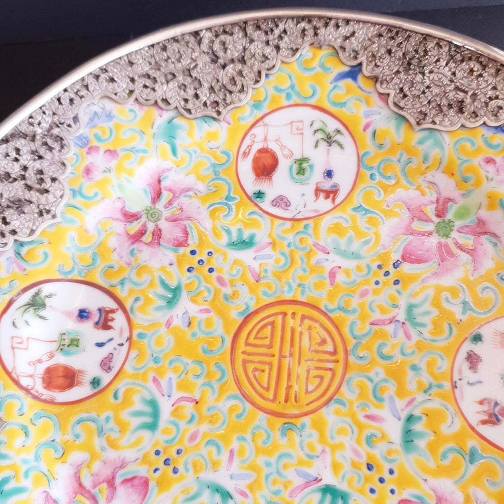 Famille Jaune Cake Plate with Metal Handle Chinese 19th Century