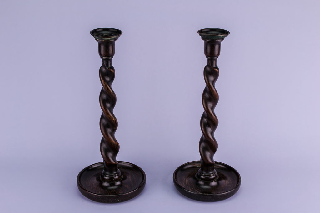 2 tall oak candlesticks