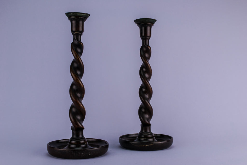 2 tall oak candlesticks