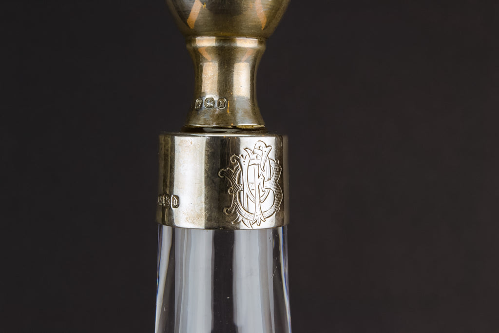 Tall cut glass & silver decanter, English 1896