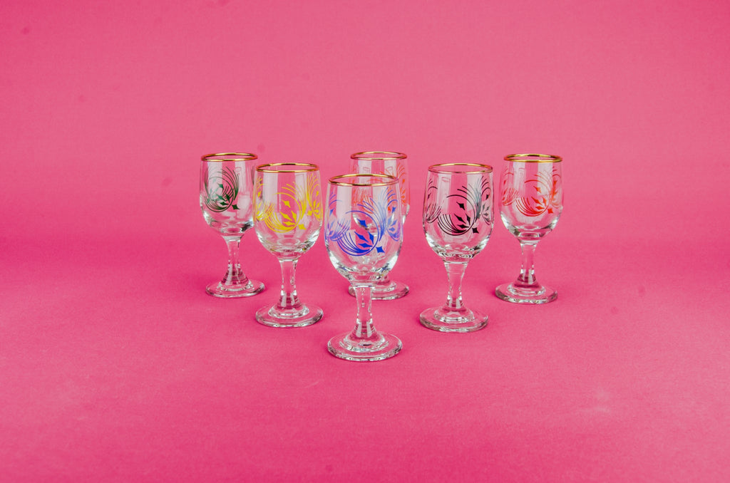 6 colourful port glasses