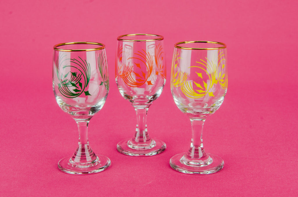 6 colourful port glasses