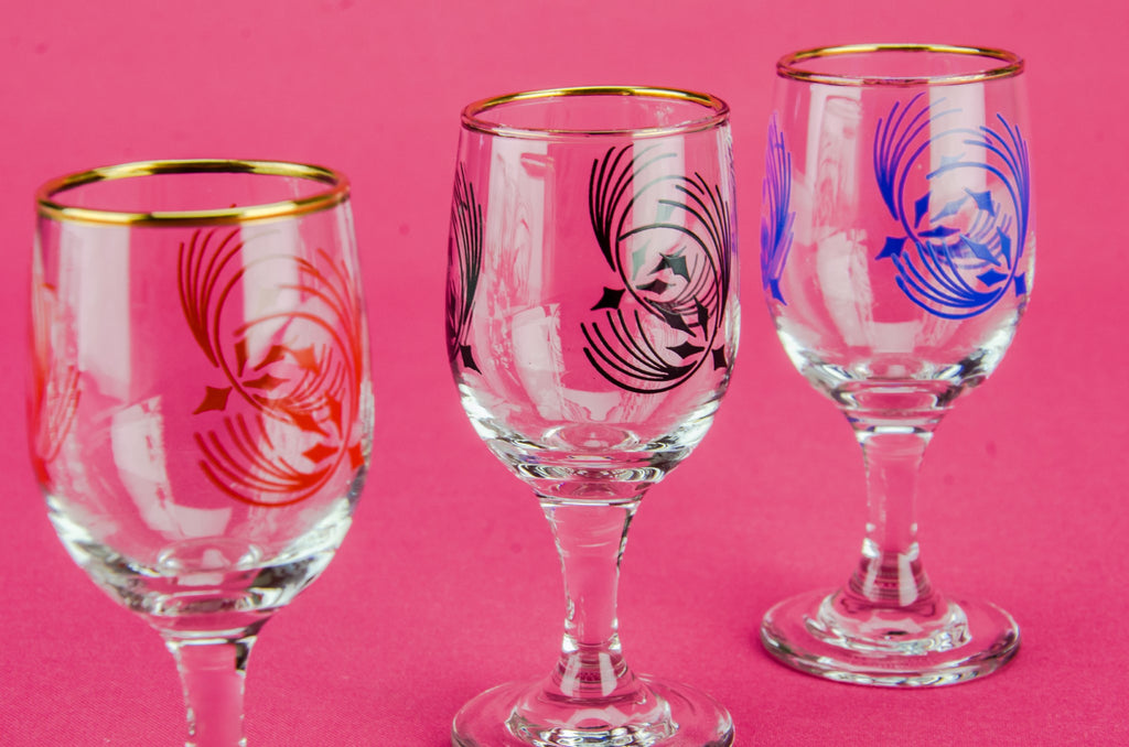 6 colourful port glasses