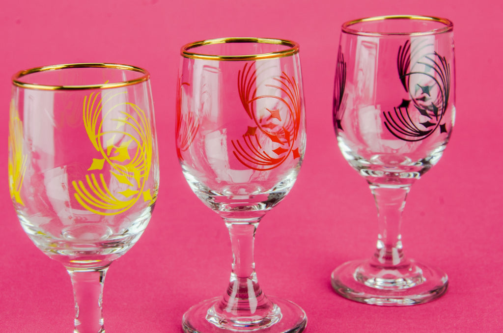 6 colourful port glasses