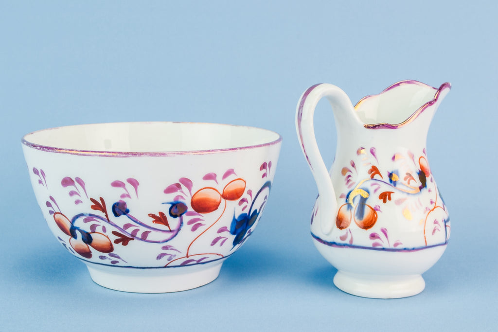 Gaudy Welsh creamer and bowl