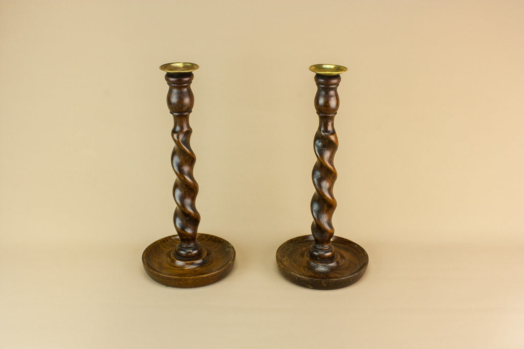 2 wooden tall candlesticks