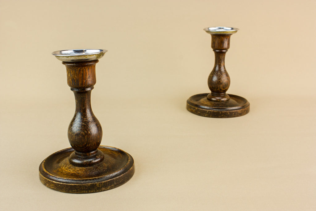 2 traditional oak candlesticks