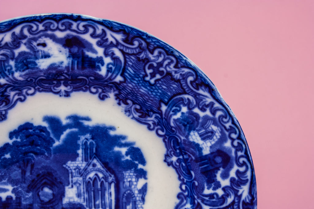 2 flow blue and white plates