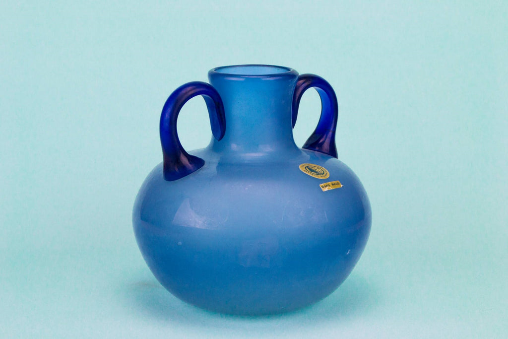 Blue glass vase with handles