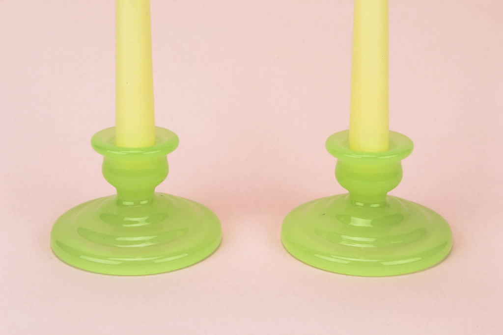 2 green glass candlesticks