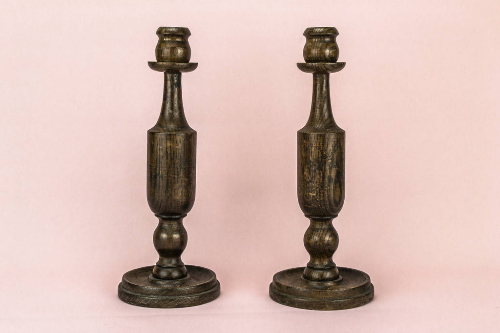 2 oak baluster candlesticks