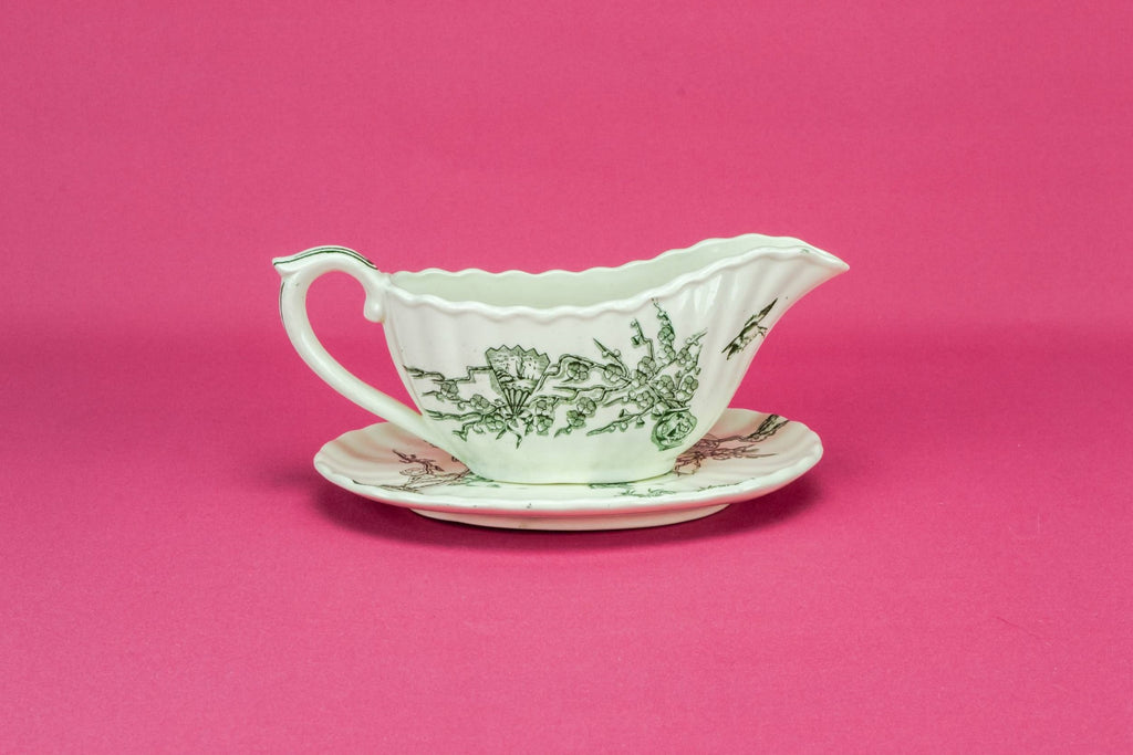 Green and white gravy boat