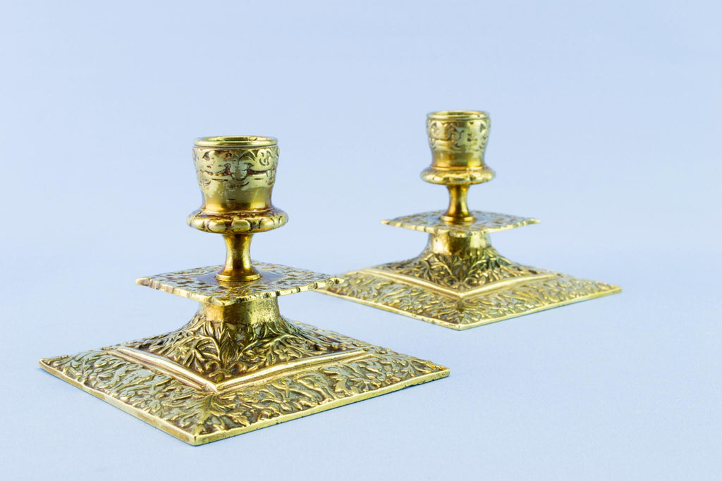 Square brass candlesticks, mid 19th century
