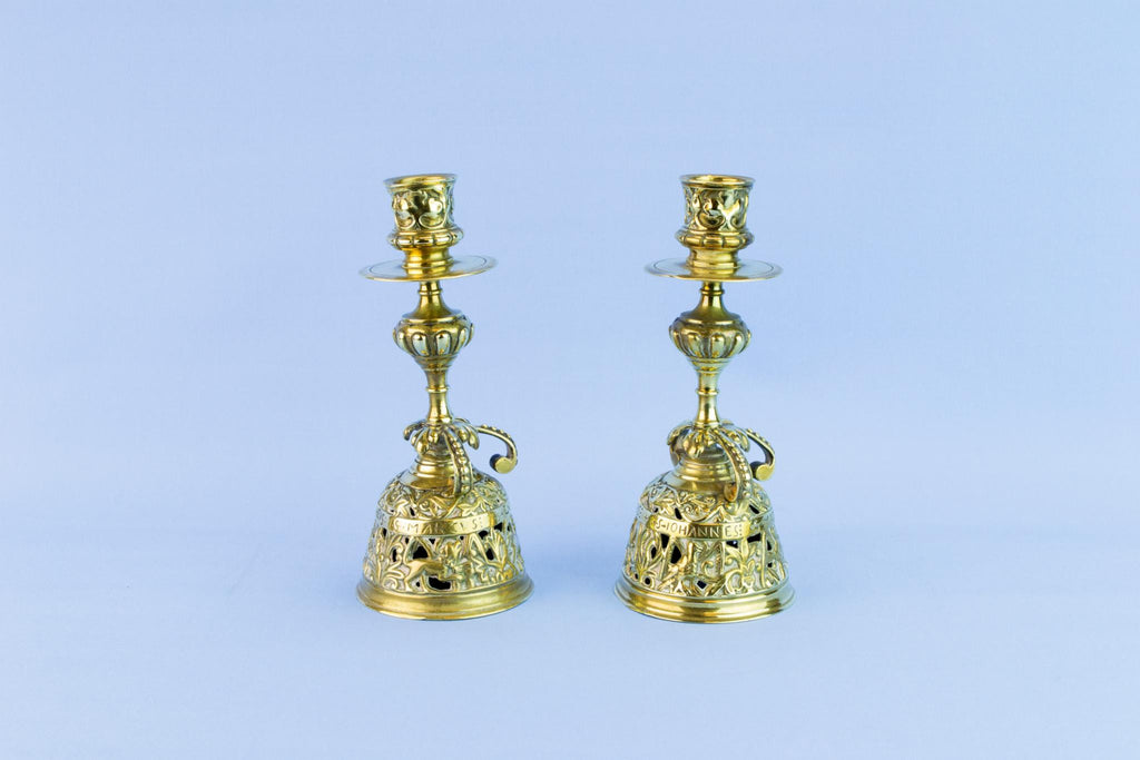 2 brass small medium candlesticks, circa 1900