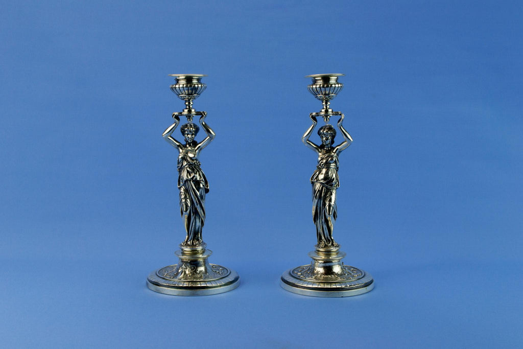 Silver plated Caryatid candlestciks, French circa 1900