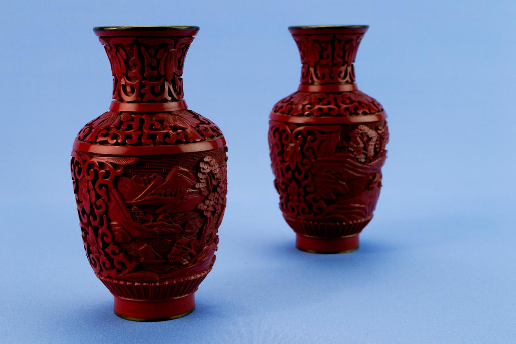 2 small red cinnabar lacquer vases