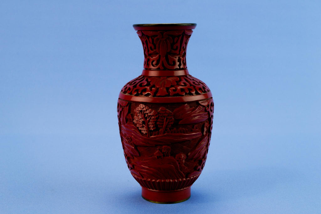 2 small red cinnabar lacquer vases