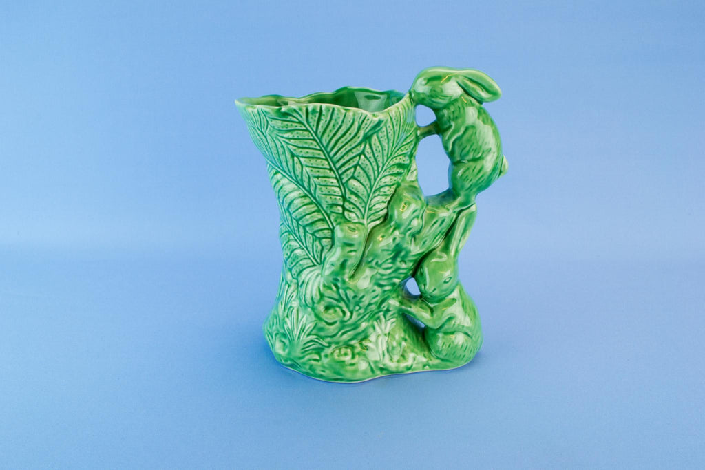 Green water jug with rabbits, English 1950s