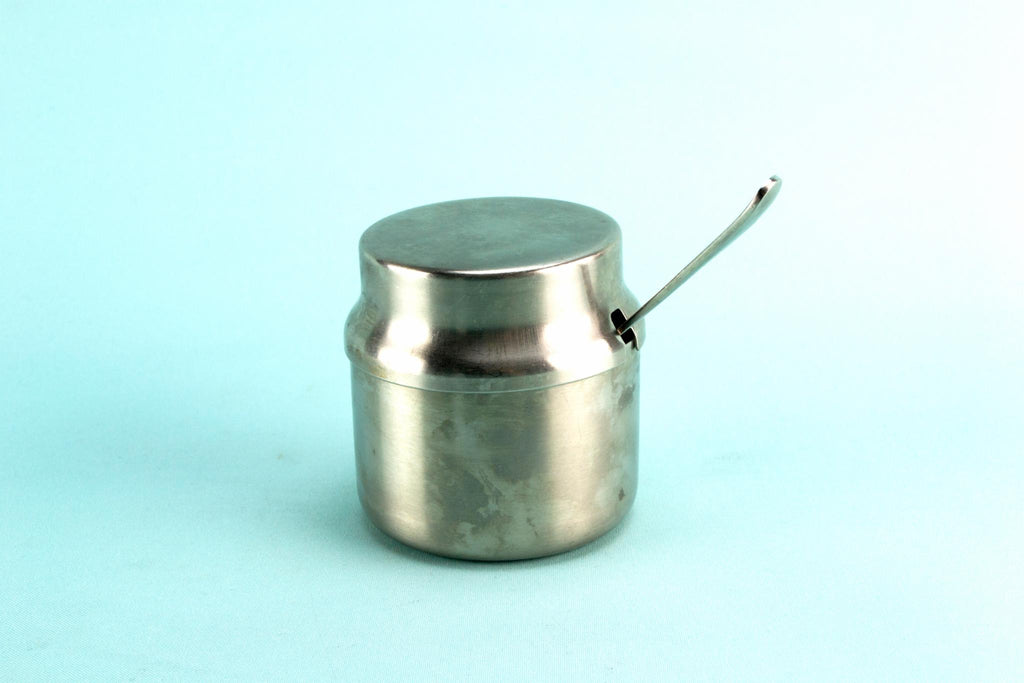 Stainless steel condiment pot and spoon, English 1960s