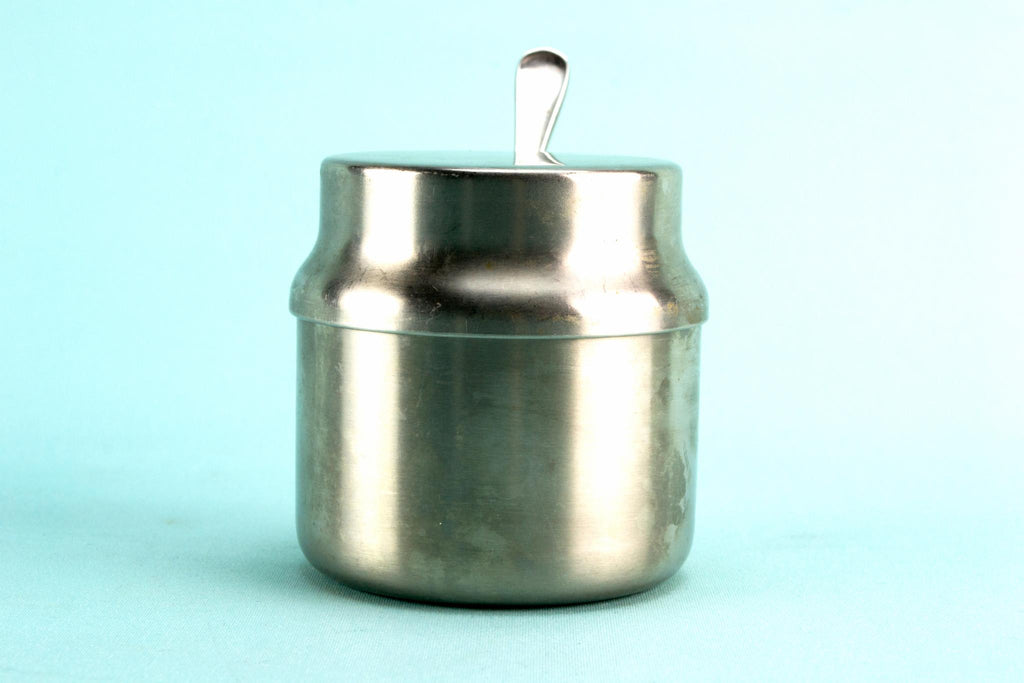 Stainless steel condiment pot and spoon, English 1960s