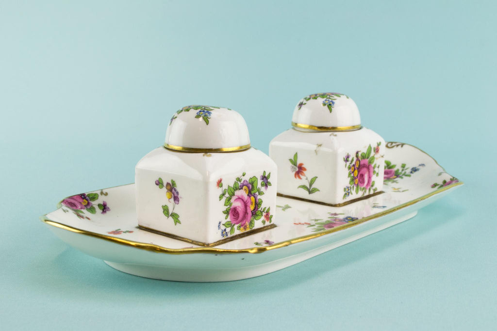 Bone china double inkwell, English 1910s