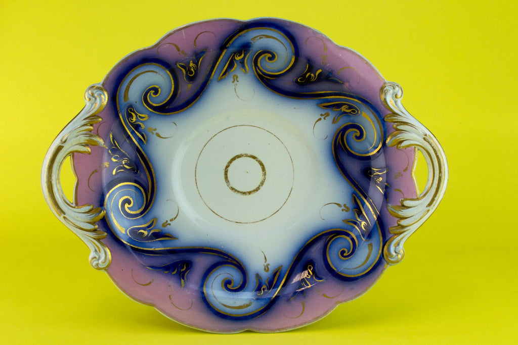 Flow blue and pink serving dish, English circa 1850
