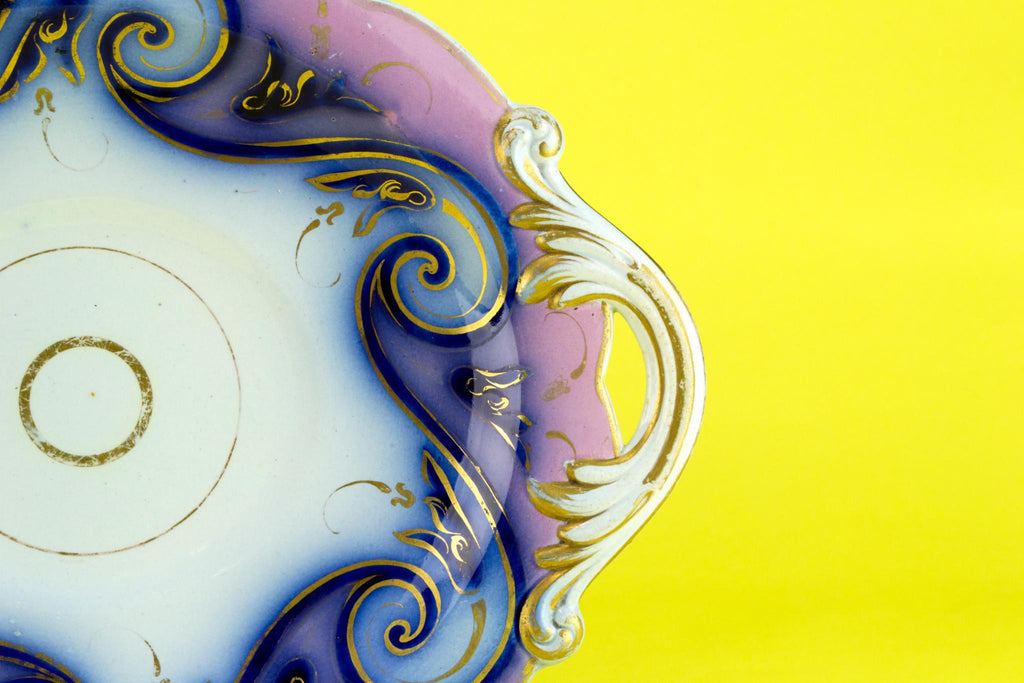 Flow blue and pink serving dish, English circa 1850