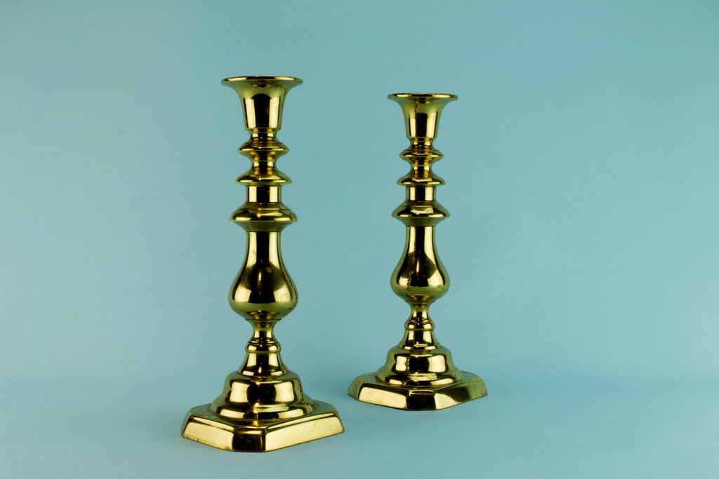 2 Large Brass Candlesticks, English Early 1800s