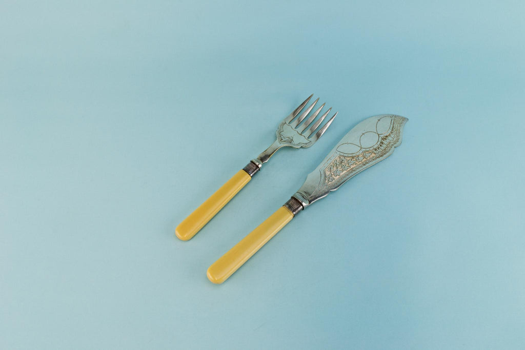 Silver plated serving fork and knife set, English 1892