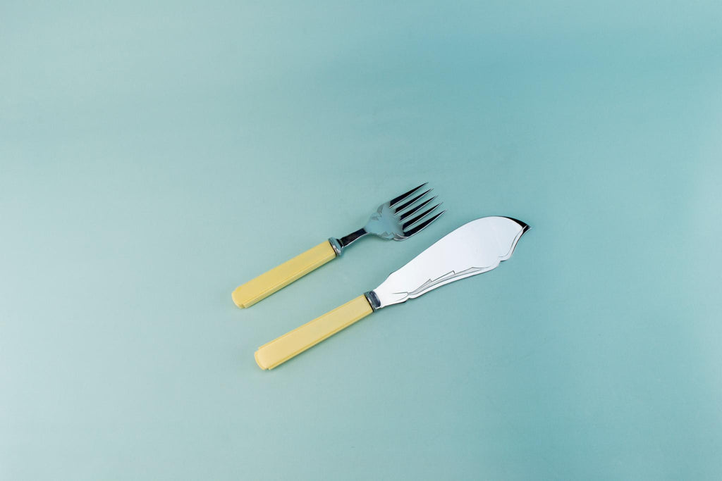 Large serving fork and knife set, English 1950s
