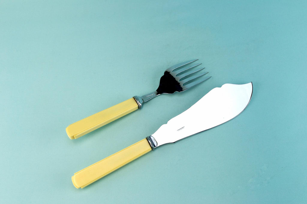 Large serving fork and knife set, English 1950s