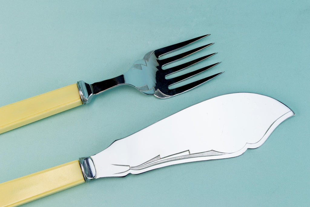 Large serving fork and knife set, English 1950s