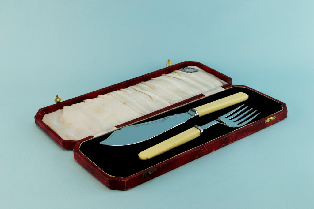 Large serving fork and knife set, English 1950s