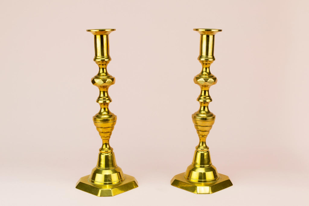 2 brass candlesticks, English mid 19th century